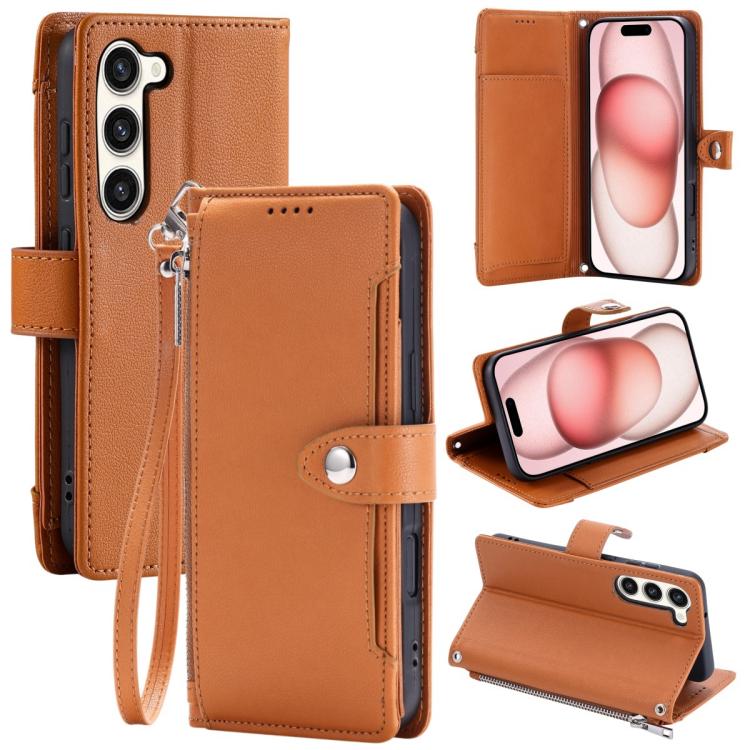 Portafoglio con cerniera e fibbia in ecopelle con texture litchi e cinturino da polso., For Galaxy S23 Ultra 5G, For Galaxy S23+ 5G, For Galaxy S23 5G