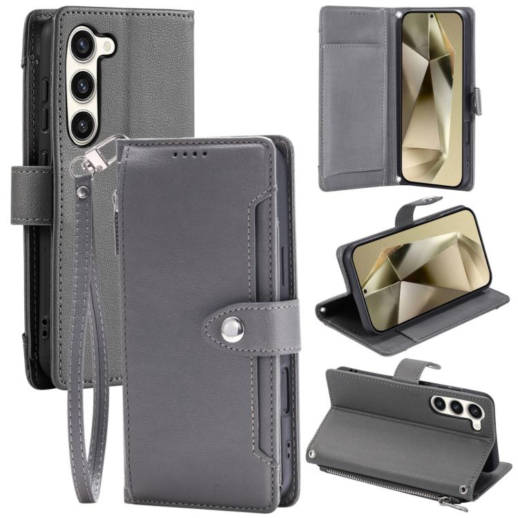 Portafoglio con cerniera e fibbia in ecopelle con texture litchi e cinturino da polso., For Galaxy S23 Ultra 5G, For Galaxy S23+ 5G, For Galaxy S23 5G