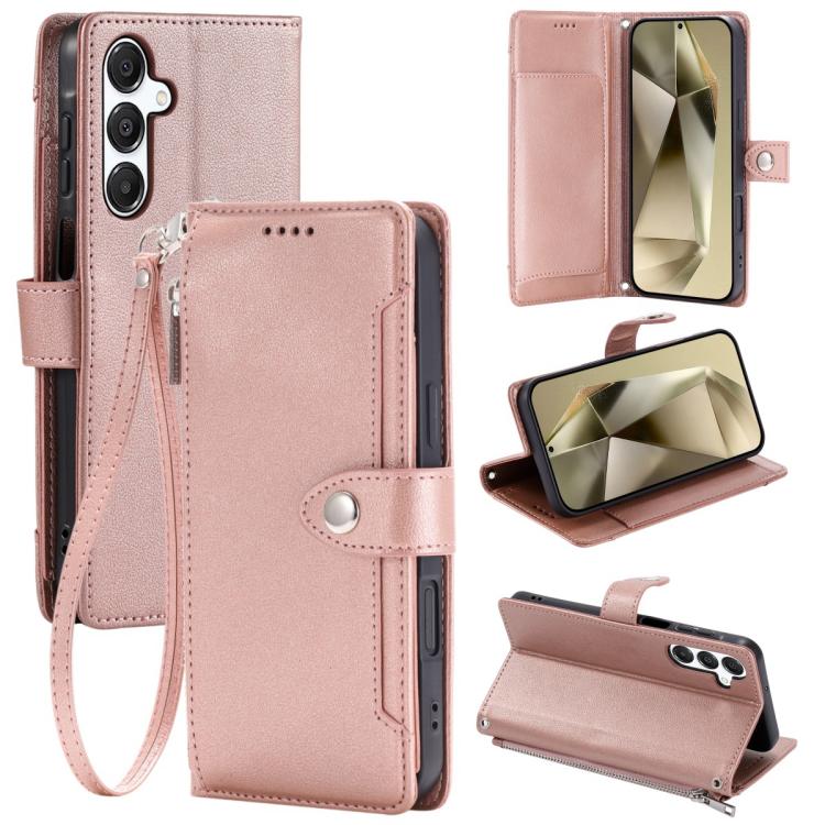 Portafoglio con cerniera e fibbia in ecopelle con texture litchi e cinturino da polso., For Galaxy S24+ 5G, For Galaxy S24 5G, For Galaxy S23 FE 5G