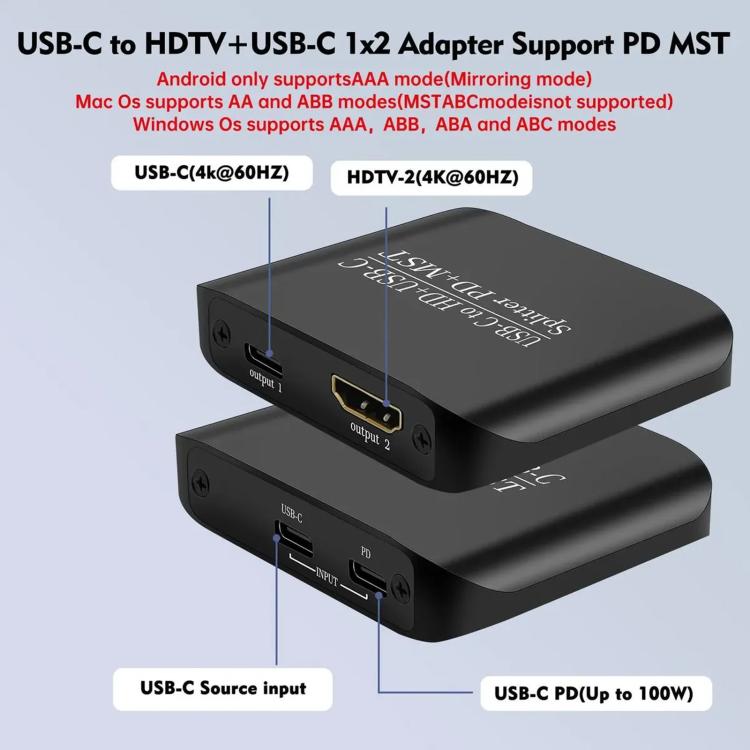 Splitter video USB-C a HDMI 4K 60Hz con porta PD