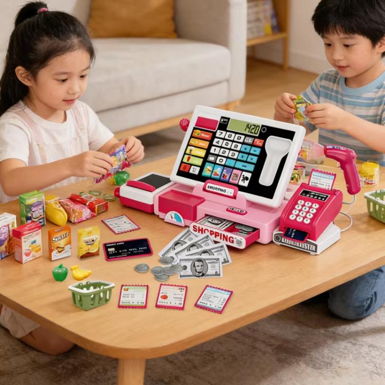 Set da gioco per bambini con registratore di cassa e calcolatrice vera.