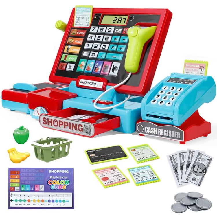 Set da gioco per bambini con registratore di cassa e calcolatrice vera.