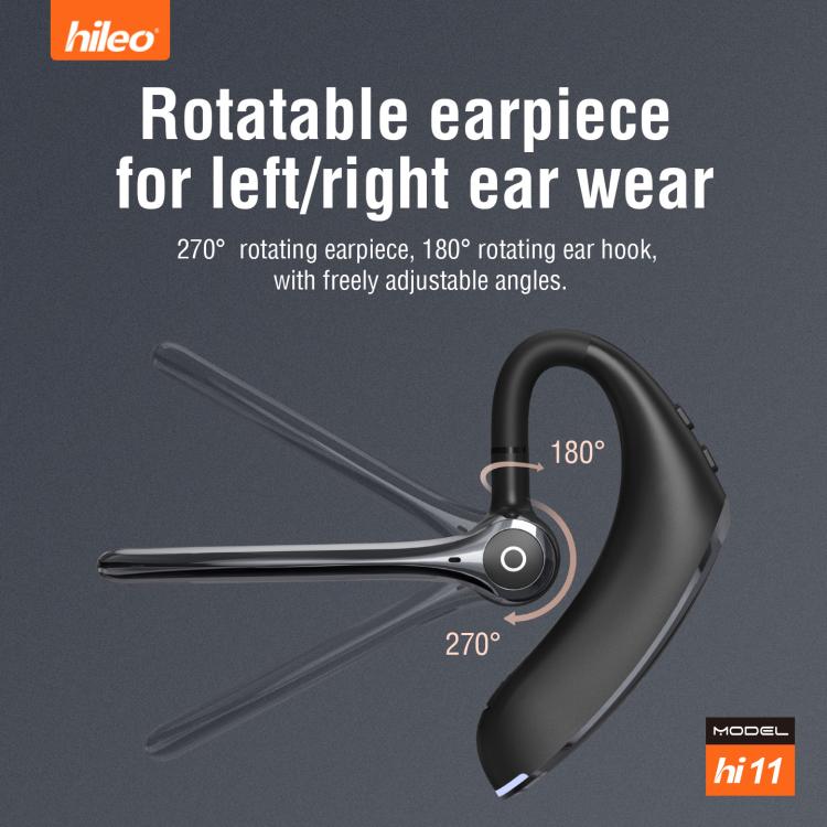 Auricolare in-ear wireless Hileo Hi11 con gancio singolo per chiamate in vivavoce e riduzione del rumore.