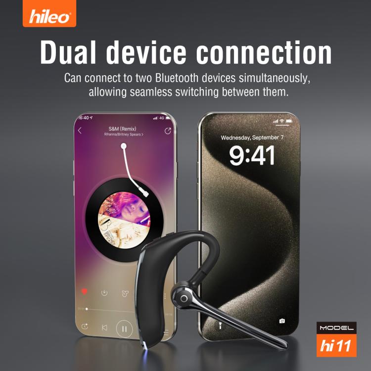 Auricolare in-ear wireless Hileo Hi11 con gancio singolo per chiamate in vivavoce e riduzione del rumore.