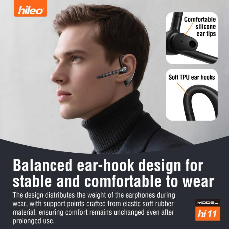 Auricolare in-ear wireless Hileo Hi11 con gancio singolo per chiamate in vivavoce e riduzione del rumore.