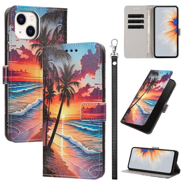 Custodia per telefono in ecopelle con motivo dipinto e cinturino, For iPhone 15, For iPhone 13 / 14, For iPhone 14 Pro