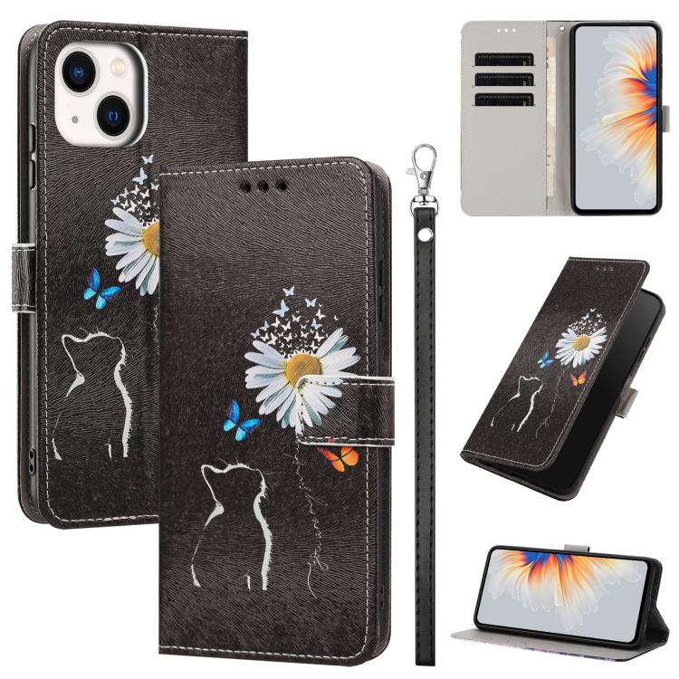 Custodia per telefono in ecopelle con motivo dipinto e cinturino, For iPhone 15, For iPhone 13 / 14, For iPhone 14 Pro