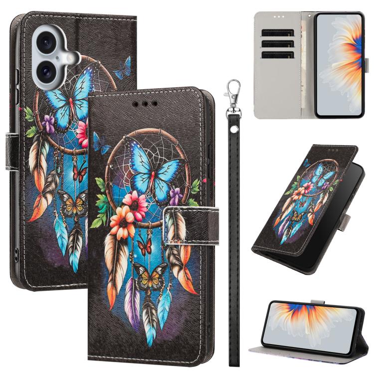 Custodia per telefono in ecopelle con motivo dipinto e cinturino, For iPhone 16 Pro, For iPhone 16 Plus, For iPhone 16
