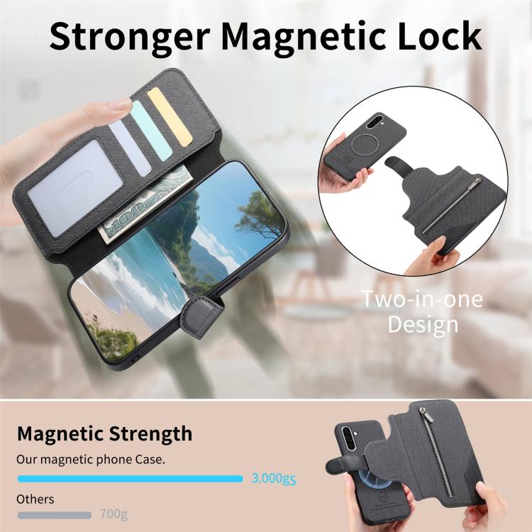 Portafoglio in pelle con cerniera, protezione antifurto MagSafe RFID in tessuto twill, custodia per telefono con cerniera., For Galaxy M56 5G