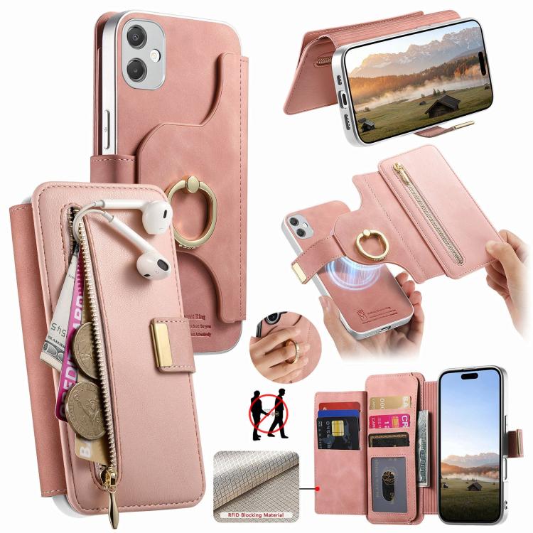 Portafoglio con cerniera, anello con bordo argentato e foro di precisione, blocco RFID, custodia magnetica in pelle vegana per telefono., For Galaxy A05, For Galaxy A05s, For Galaxy A25 5G