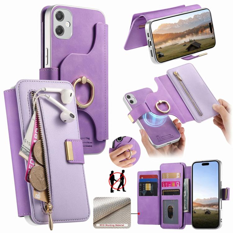 Portafoglio con cerniera, anello con bordo argentato e foro di precisione, blocco RFID, custodia magnetica in pelle vegana per telefono., For Galaxy A05, For Galaxy A05s, For Galaxy A25 5G
