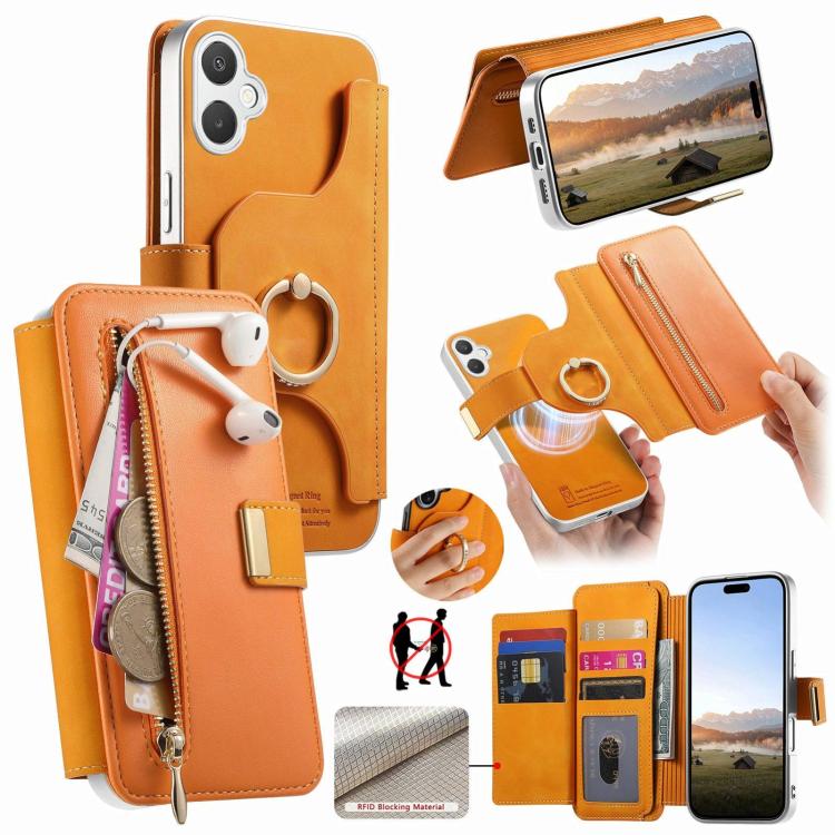 Portafoglio con cerniera, anello con bordo argentato e foro di precisione, blocco RFID, custodia magnetica in pelle vegana per telefono., For Galaxy A08 / A07 4G / 5G, For Galaxy A18 / A17 4G / 5G, For Galaxy A57 5G