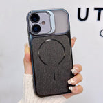 Custodia magnetica per telefono con finitura spazzolata e supporto per obiettivo, For iPhone 16 Pro Max, For iPhone 16 Pro, For iPhone 16 Plus