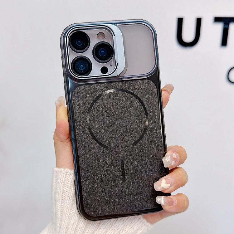 Custodia magnetica per telefono con finitura spazzolata e supporto per obiettivo, For iPhone 16, For iPhone 15 Pro Max, For iPhone 15 Pro