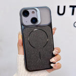 Custodia magnetica per telefono con finitura spazzolata e supporto per obiettivo, For iPhone 15, For iPhone 14, For iPhone 14 Pro