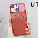 Custodia magnetica per telefono con finitura spazzolata e supporto per obiettivo, For iPhone 15, For iPhone 14, For iPhone 14 Pro