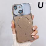 Custodia magnetica per telefono con finitura spazzolata e supporto per obiettivo, For iPhone 15, For iPhone 14, For iPhone 14 Pro
