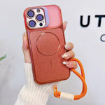 Custodia magnetica spazzolata per telefono con supporto per obiettivo, cinturino da polso e pellicola protettiva per obiettivo., For iPhone 16 Pro Max, For iPhone 16 Pro, For iPhone 16 Plus
