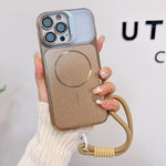 Custodia magnetica spazzolata per telefono con supporto per obiettivo, cinturino da polso e pellicola protettiva per obiettivo., For iPhone 16, For iPhone 15 Pro Max, For iPhone 15 Pro