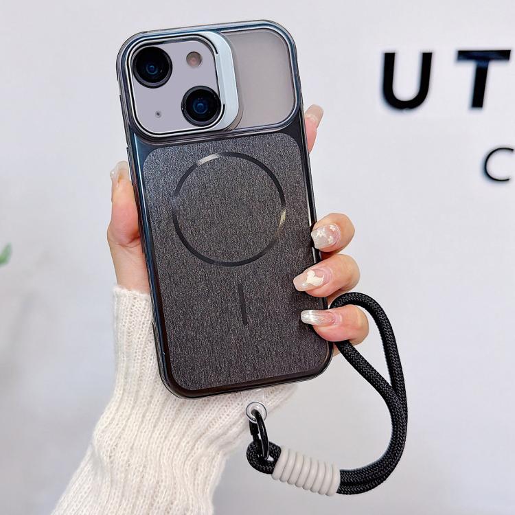 Custodia magnetica spazzolata per telefono con supporto per obiettivo, cinturino da polso e pellicola protettiva per obiettivo., For iPhone 15, For iPhone 14, For iPhone 14 Pro