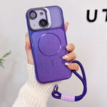Custodia magnetica spazzolata per telefono con supporto per obiettivo, cinturino da polso e pellicola protettiva per obiettivo., For iPhone 15, For iPhone 14, For iPhone 14 Pro