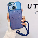 Custodia magnetica spazzolata per telefono con supporto per obiettivo, cinturino da polso e pellicola protettiva per obiettivo., For iPhone 15, For iPhone 14, For iPhone 14 Pro