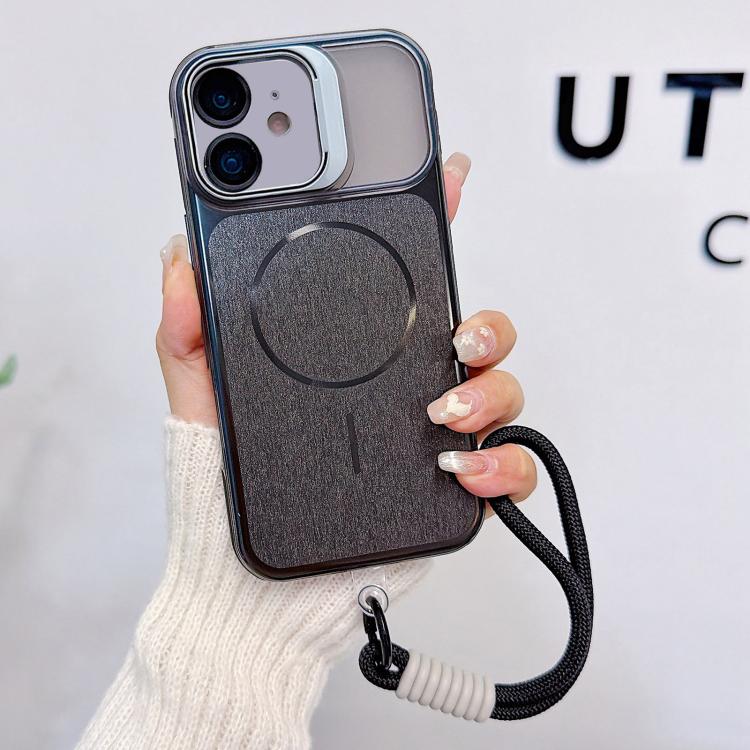Custodia magnetica spazzolata per telefono con supporto per obiettivo, cinturino da polso e pellicola protettiva per obiettivo., For iPhone 13, For iPhone 12, For iPhone 12 Pro Max