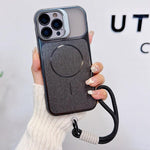 Custodia magnetica spazzolata per telefono con supporto per obiettivo, cinturino da polso e pellicola protettiva per obiettivo., For iPhone 13, For iPhone 12, For iPhone 12 Pro Max