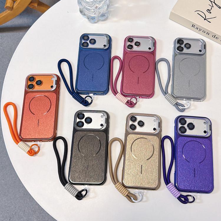 Custodia magnetica spazzolata per telefono con supporto per obiettivo, cinturino da polso e pellicola protettiva per obiettivo., For iPhone 13, For iPhone 12, For iPhone 12 Pro Max