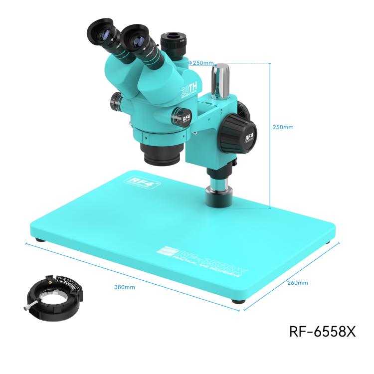 Microscopio stereoscopico trinoculare RF4 RF-6558X con zoom sincrono 6,5-58X e base grande in lega di alluminio., RF-6558X