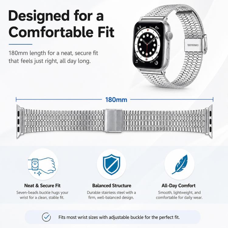 Confezione da 5 cinturini per orologio in acciaio inossidabile con fibbia a sette perline xDfind, For Apple Watch 42 / 44 / 45 / 46 / 49mm, For Apple Watch 38 / 40 / 41 / S11 42mm
