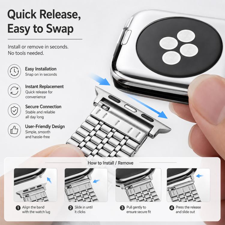 Confezione da 5 cinturini per orologio in acciaio inossidabile con fibbia a sette perline xDfind, For Apple Watch 42 / 44 / 45 / 46 / 49mm, For Apple Watch 38 / 40 / 41 / S11 42mm