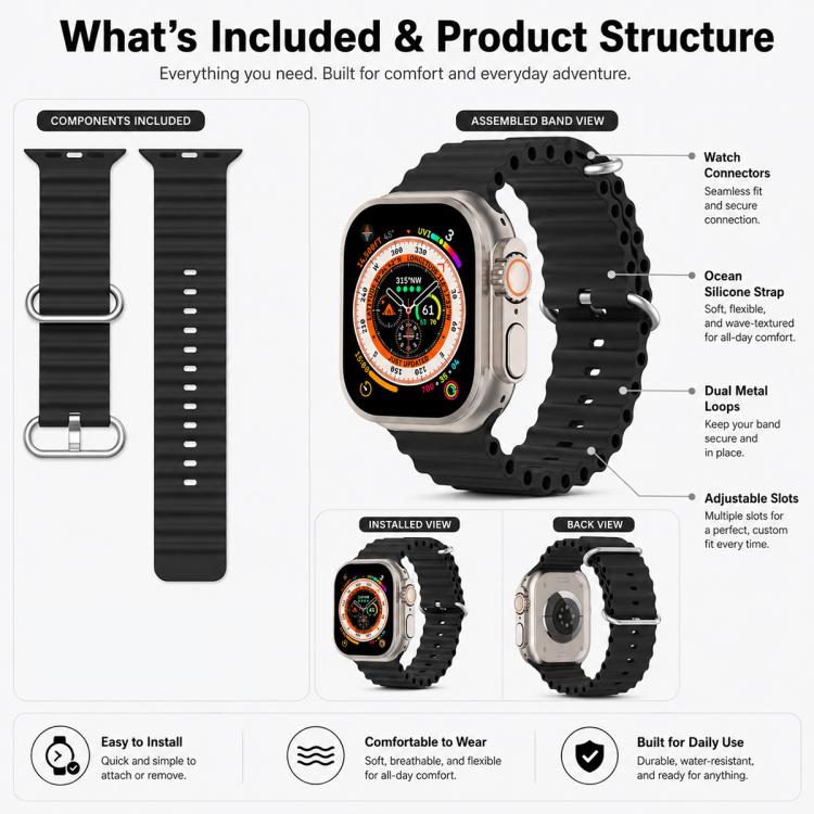 Confezione da 5 cinturini per orologio in silicone xDfind Ocean, For Apple Watch 42 / 44 / 45 / 46 / 49mm, For Apple Watch 38 / 40 / 41 / S11 42mm