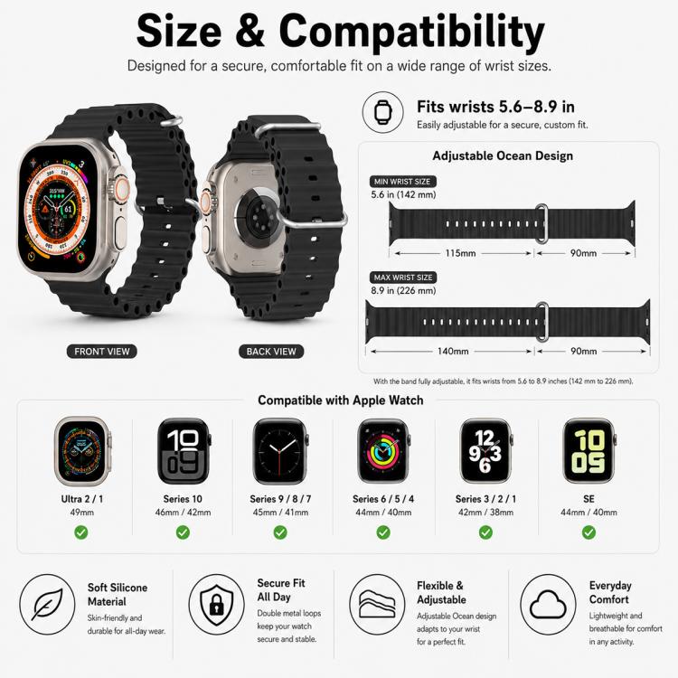 Confezione da 5 cinturini per orologio in silicone xDfind Ocean, For Apple Watch 42 / 44 / 45 / 46 / 49mm, For Apple Watch 38 / 40 / 41 / S11 42mm