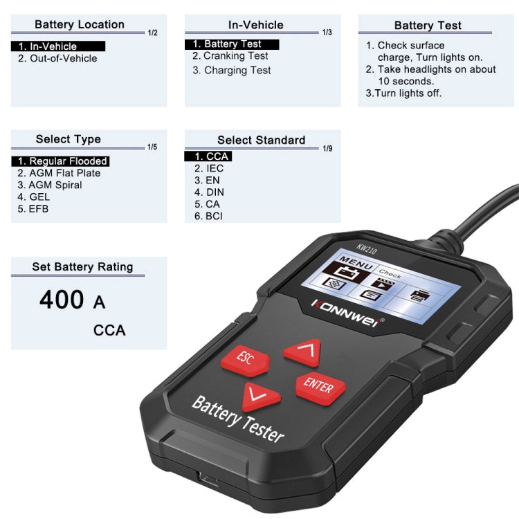 KONNWEI KW210 Test batteria per auto Rilevatore capacità resistenza batteria, KW210