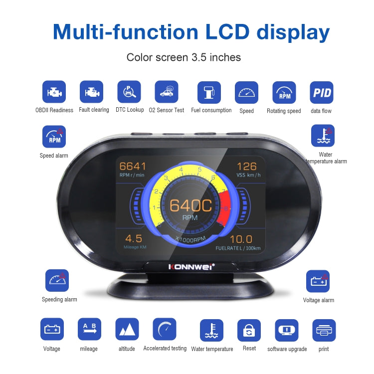 KONNWEI KW206 Scanner guasti auto 2 in 1 OBDII / EOBD12V + monitor LCD da 3,5 pollici, KW206