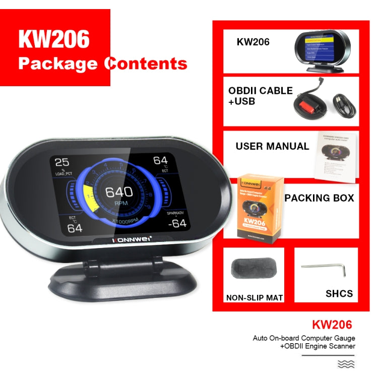 KONNWEI KW206 Scanner guasti auto 2 in 1 OBDII / EOBD12V + monitor LCD da 3,5 pollici, KW206