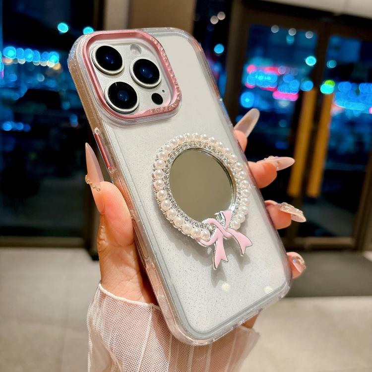 Custodia per telefono antiurto con specchio rotondo a perla della serie Crystal., For iPhone 16 Pro, For iPhone 16, For iPhone 15 Pro Max, For iPhone 15 Pro