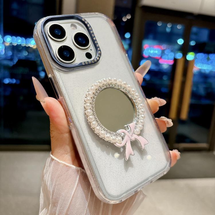 Custodia per telefono antiurto con specchio rotondo a perla della serie Crystal., For iPhone 16 Pro, For iPhone 16, For iPhone 15 Pro Max, For iPhone 15 Pro