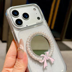 Custodia per telefono antiurto con specchio rotondo a perla della serie Crystal., For iPhone 16 Pro, For iPhone 16, For iPhone 15 Pro Max, For iPhone 15 Pro