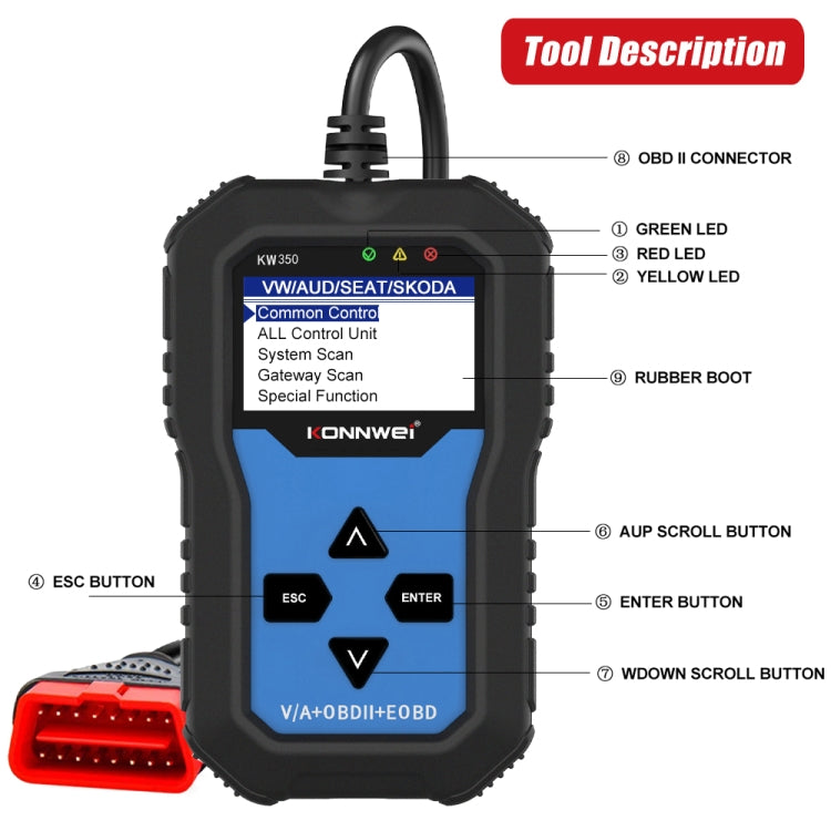 KONNWEI KW350 OBDII 12V Rilevatore di diagnostica per auto con schermo in bianco e nero da 2 pollici V007 per Audi / Volkswagen, KW350