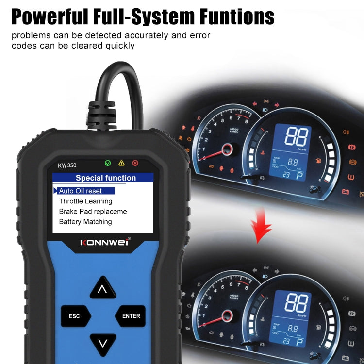 KONNWEI KW350 OBDII 12V Rilevatore di diagnostica per auto con schermo in bianco e nero da 2 pollici V007 per Audi / Volkswagen, KW350