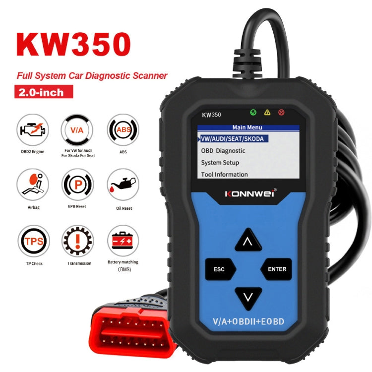 KONNWEI KW350 OBDII 12V Rilevatore di diagnostica per auto con schermo in bianco e nero da 2 pollici V007 per Audi / Volkswagen, KW350