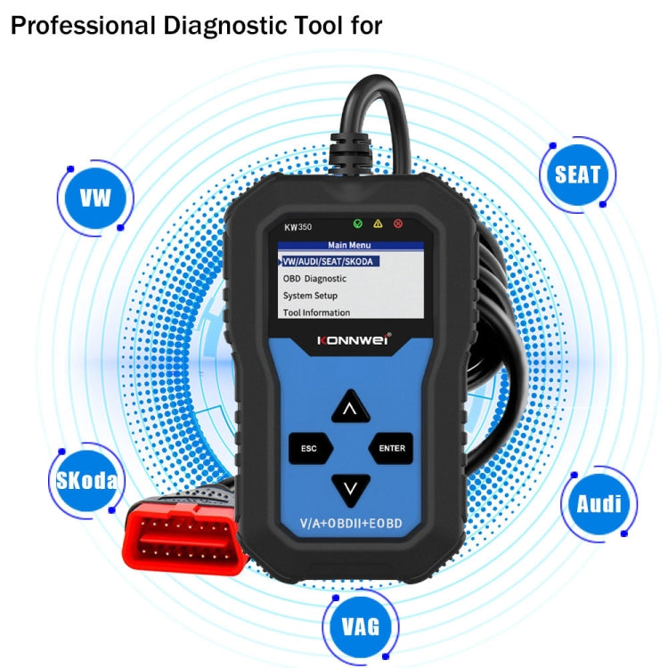 KONNWEI KW350 OBDII 12V Rilevatore di diagnostica per auto con schermo in bianco e nero da 2 pollici V007 per Audi / Volkswagen, KW350
