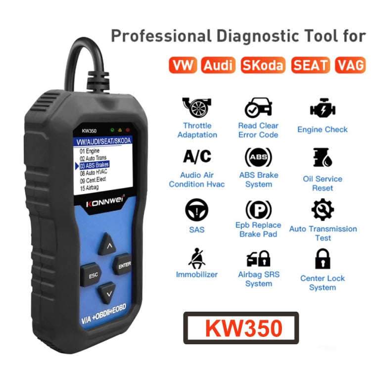 KONNWEI KW350 OBDII 12V Rilevatore di diagnostica per auto con schermo in bianco e nero da 2 pollici V007 per Audi / Volkswagen, KW350
