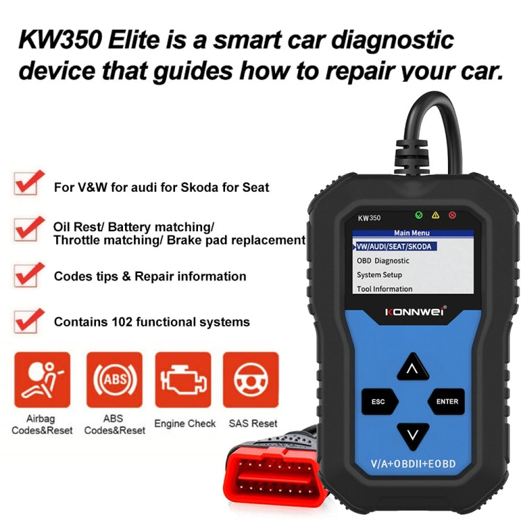 KONNWEI KW350 OBDII 12V Rilevatore di diagnostica per auto con schermo in bianco e nero da 2 pollici V007 per Audi / Volkswagen, KW350