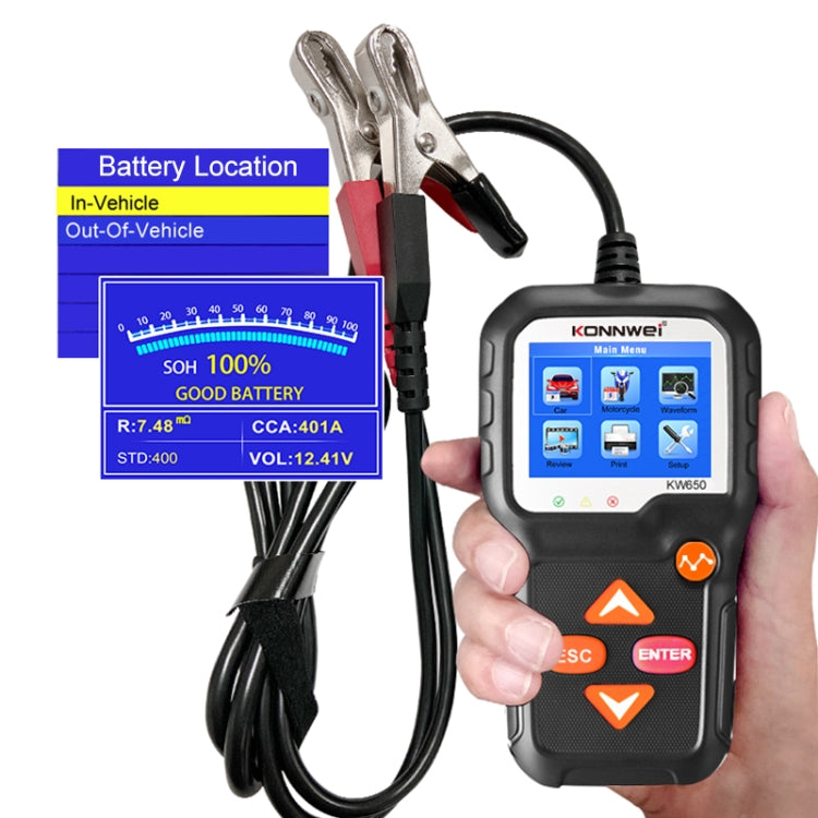 KONNWEI KW650 Rilevatore per tosaerba a batteria per auto e moto 6V-12V con display a colori da 2,4 pollici e grafico della forma d'onda, KW650