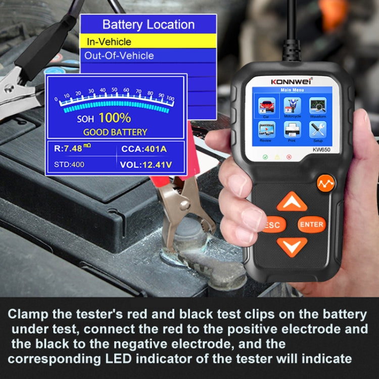 KONNWEI KW650 Rilevatore per tosaerba a batteria per auto e moto 6V-12V con display a colori da 2,4 pollici e grafico della forma d'onda, KW650