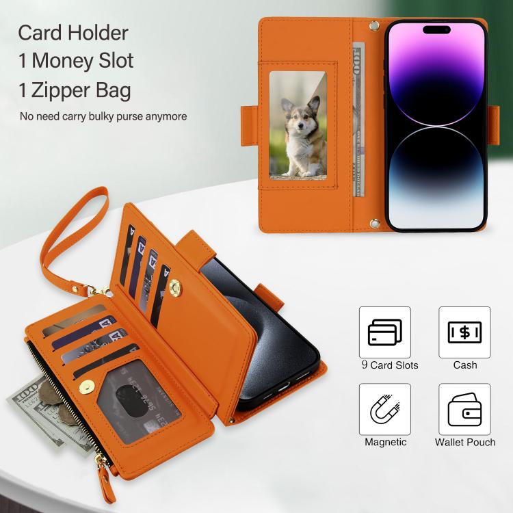 Borsa a tracolla con cerniera e 9 scomparti per carte di credito, custodia per telefono in pelle vegana., For iPhone 14 Pro, For iPhone 14 Pro Max, For iPhone 13 Pro Max