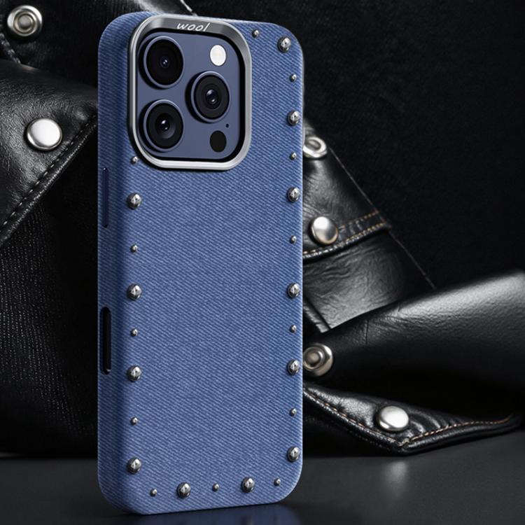 Custodia magnetica per telefono a copertura totale con texture denim della serie Rivet., For iPhone 16 Pro Max, For iPhone 16 Pro, For iPhone 16 Plus, For iPhone 16